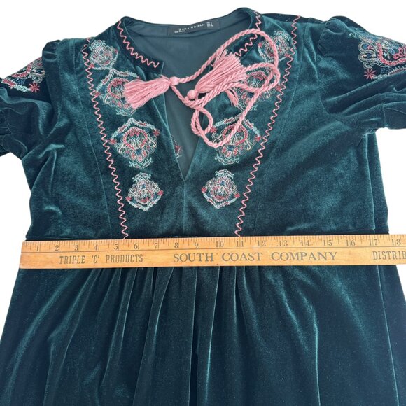 ZARA Woman Dark Green Velvet Embroidered Tunic Dress Size SMALL Boho Romantic - Picture 9 of 13